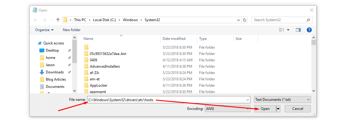 Open Windows hosts file